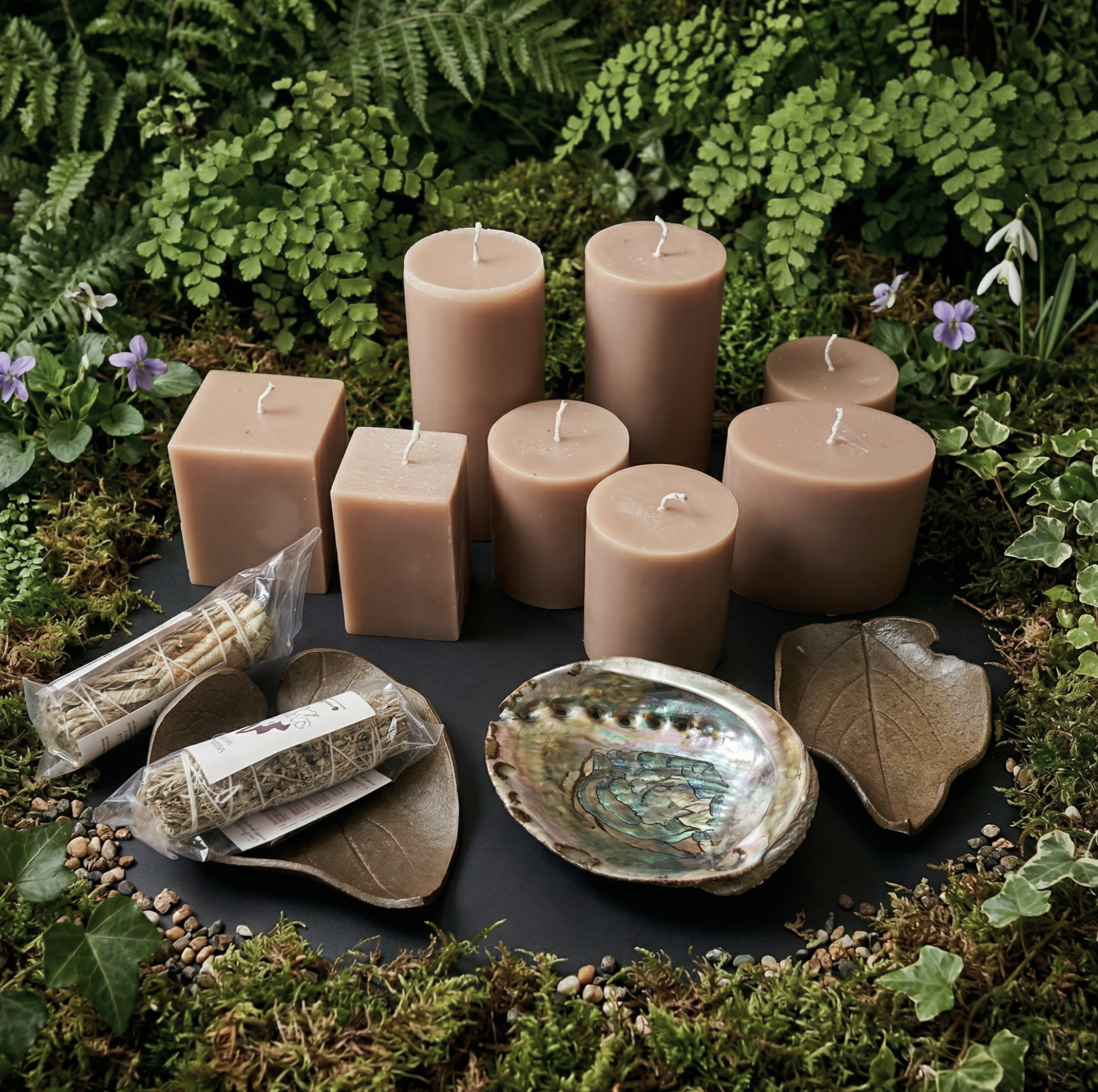 Velas en tonos beige y café 